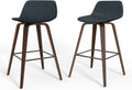 SIMPLIHOME Randolph Counter Stools (Set of 2) - 28 Inch Seat Height Upholstered Bentwood Kitchen Seats in Distressed Blue Vegan Faux Leather, Mid Century Seating with Curved Backrest and Footrest