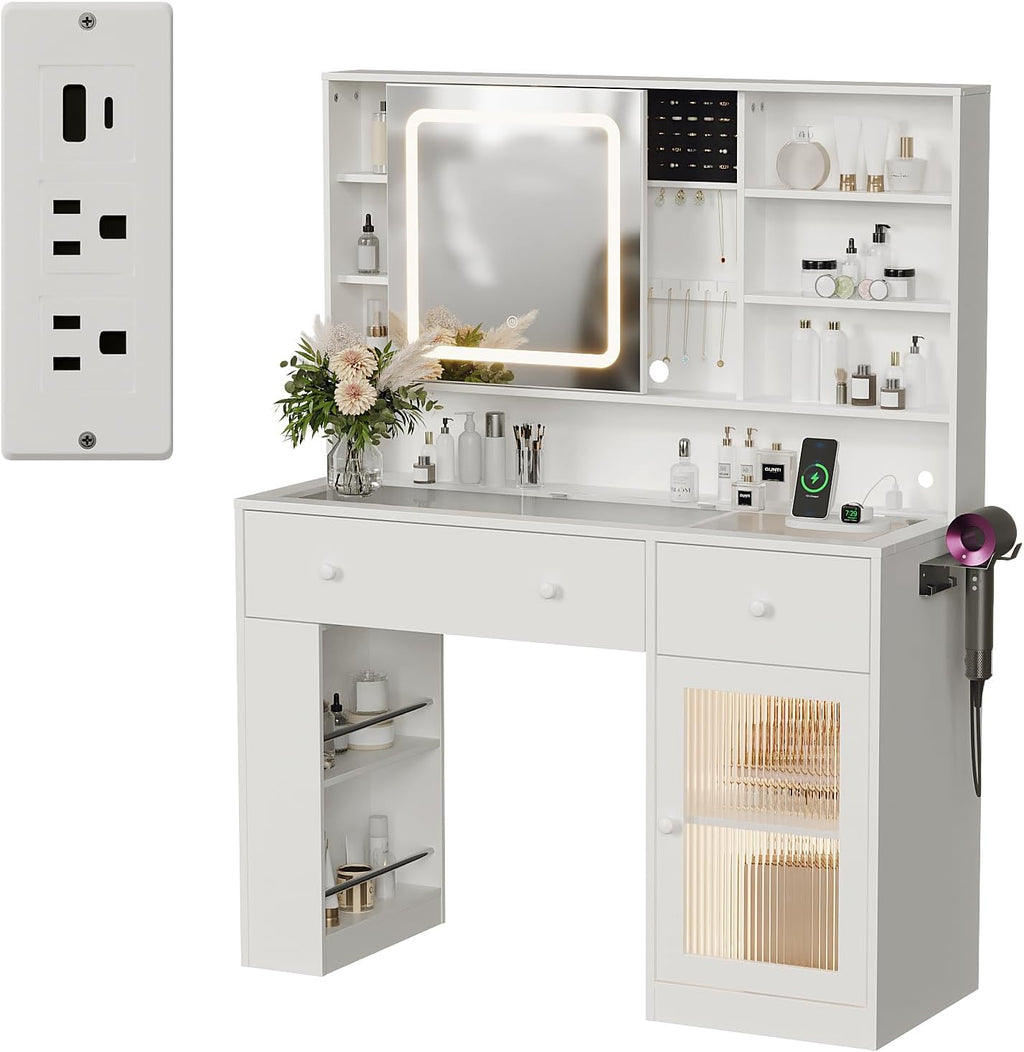 VINGLI Vanity Desk with Sliding Mirror and Lights, Glass Top Makeup Vanity Table w/Glass Cabinets w/Hidden Jewelry Storage & Power Outlets & Hairdryer Holder, 43in White Dressing Table Gifts Girls