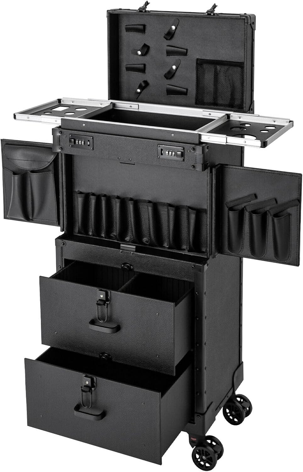 Rolling Makeup Case, Cosmetic Organizer Trolley Train Case with Keys, Large Storage Swivel Wheels Salon Barber Traveling Trunk for Make Up Hairstylists Nail Tech (Black with 4Keys)