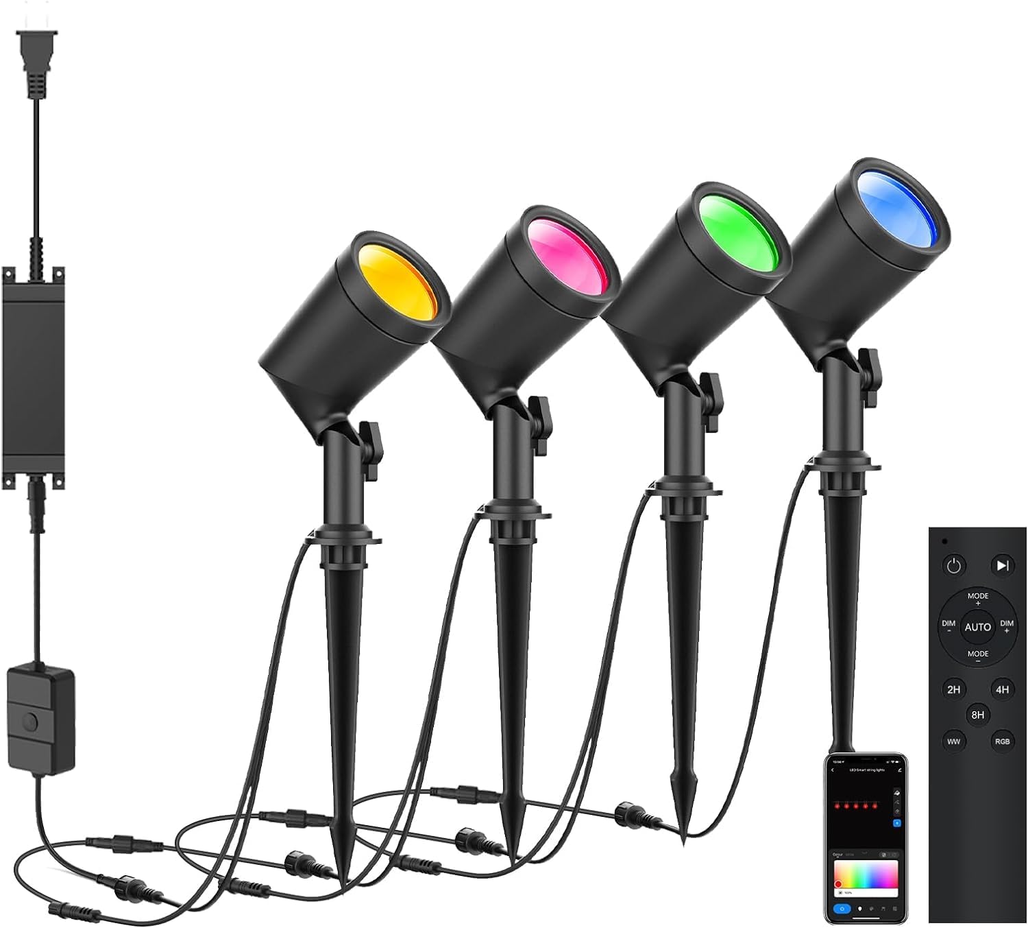 ZYAN Solar Spotlights, Black Cord (8 Pack, Warm White) Plug in Spotlights, 4 Pack, RGBW Color
