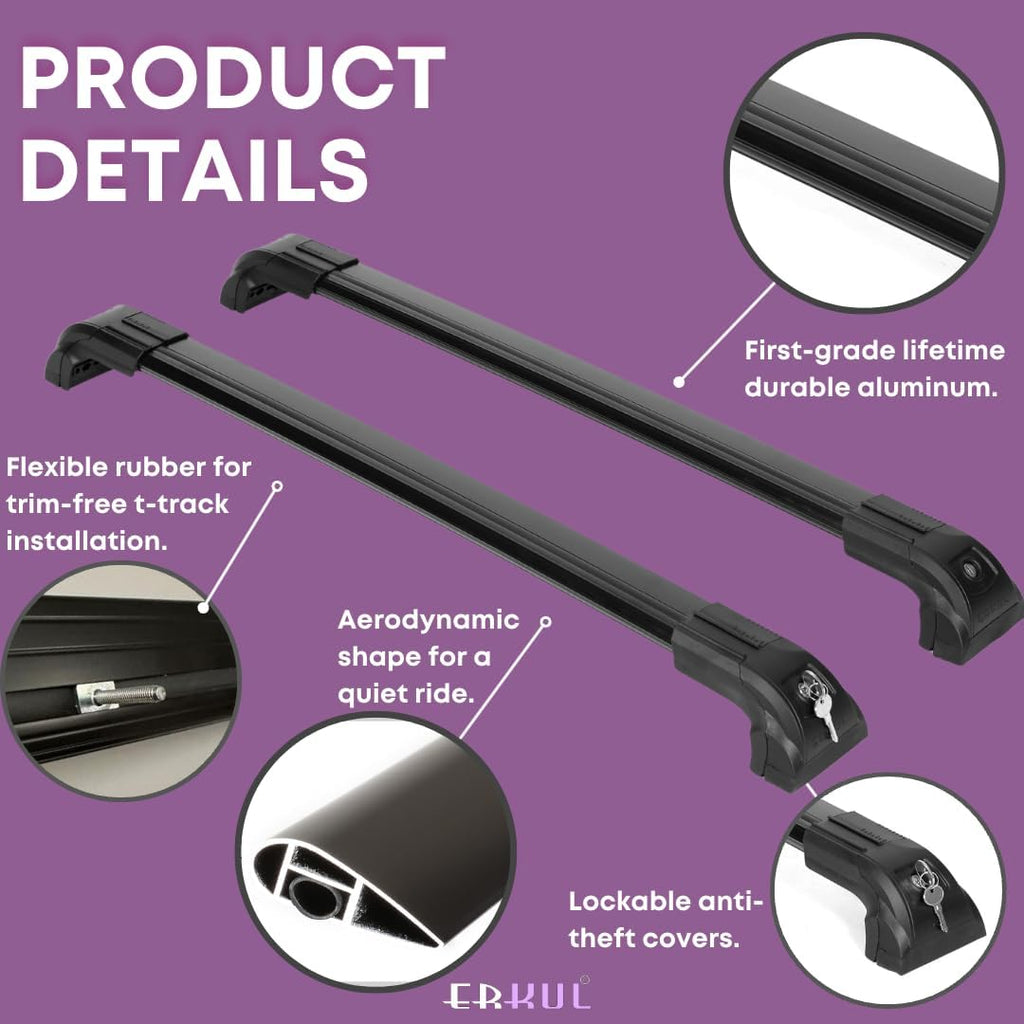 ERKUL Heavy Duty 220lb Roof Rack Cross Bars for Mazda CX-50 2023-2026 | Solid Metal Mounts | Aluminum Crossbars with Anti Theft Lock for Rooftop - Compatible with Flush Rails - Black