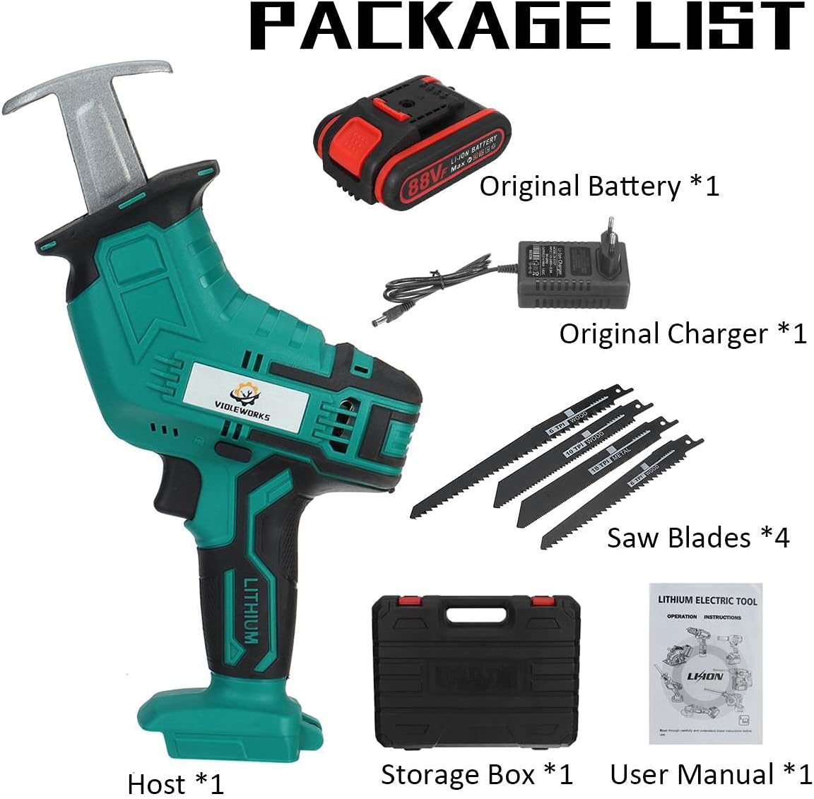 88V Cordless Reciprocating Saw Handsaw Saber Saw Multifunction Saw for Metal Wood Pipe Cutting Saw with 4 Blades Kit,2 Batteries