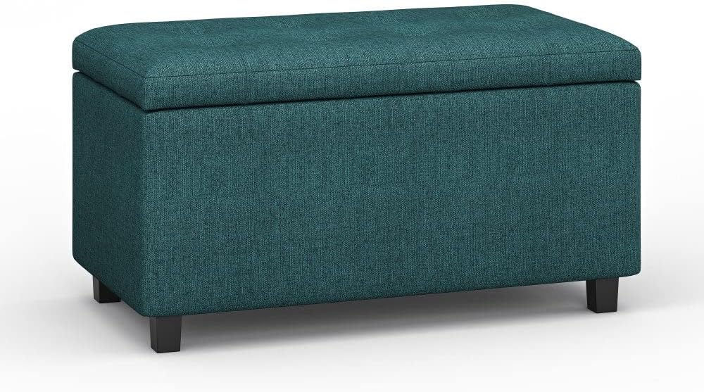 SIMPLIHOME Cosmopolitan Storage Ottoman - 34 inch Wide Upholstered Linen Look Fabric Rectangle Storage Ottoman Bench in Teal, Transitional Tufted Ottoman for Living Room or Entryway with Lift-Up Lid
