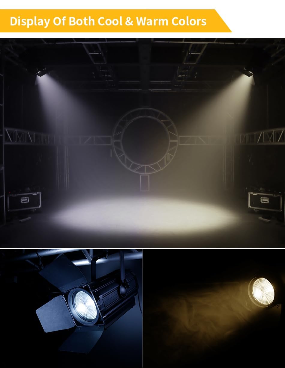 SHEHDS LED 250W Foucs Spotlight COB, Warm Cool Whtie, Linear Zoom 15-55° Stage Wash Lights with Barn Door Fresnel Lens 3200k-5600k DMX512 Spotlight DJ Light for Church Disco Ball Wedding Theater