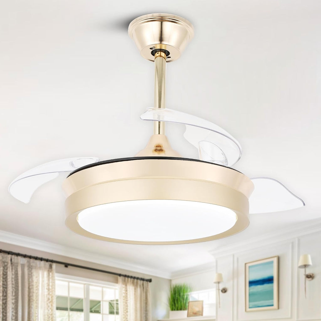 Bella Depot Retractable Ceiling Fan with Lights and Remote with 3 Color Change, Timing Options, Silent Noiseless for Dining Room Bedroom Kitchen (Gold, 36')
