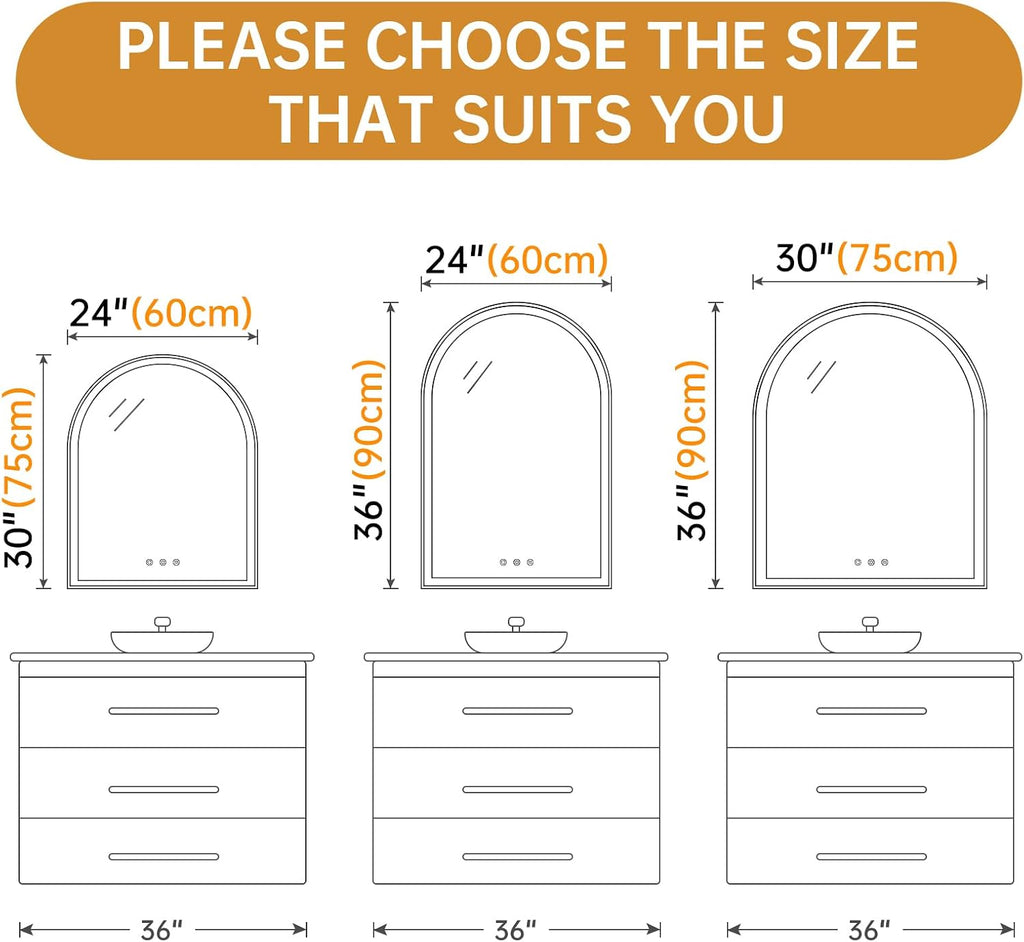 Arched LED Mirror for Bathroom 30'x36', Silver LED Bathroom Mirror with Lights-Fogless, Dimmable, 3 Color Changing, Touch Sensor