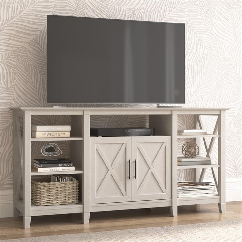 Bush Home Key West Tall TV Stand for 65 Inch TV in Linen White Oak, Farmhouse Entertainment Center with Storage