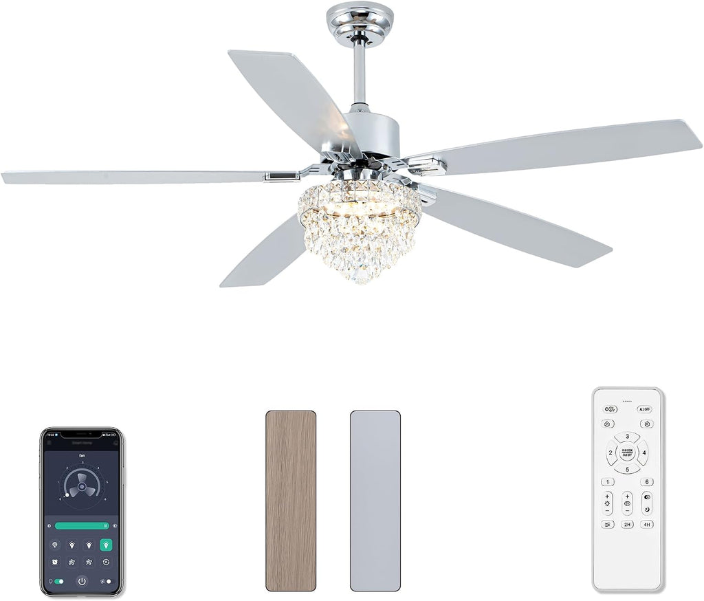 Chandelier Ceiling Fans with Lights and Remote,Chandelier Fan Ceiling,Crystal Ceiling Fan Fandelier with Lights,6 Speed 3 Timer Quiet Ceiling Fan for Bedroom (Chrome, 52 Inch)