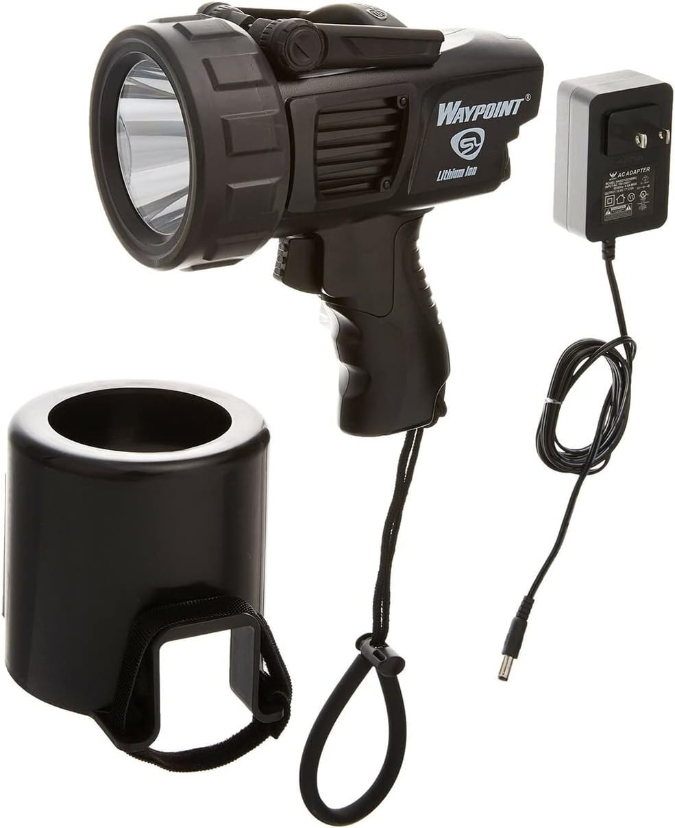 STREAMLIGHT Lightweight Rechargeable Long-Range 1000 Lumens Waypoint 300 Black Spotlight w/120V AC Charger with Waypoint Rechargeable/Super Siege 12V DC Cord