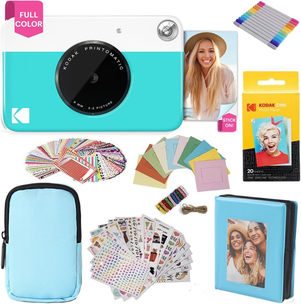 Kodak Printomatic Full-Color Instant Print Camera Gift Bundle + Soft Case + Zink 2x3 Sticky Back Photo Paper 20pk + Album + Sticker Sets + Sticker Frames + Markers + Hanging Frames, Fun Gift - Blue