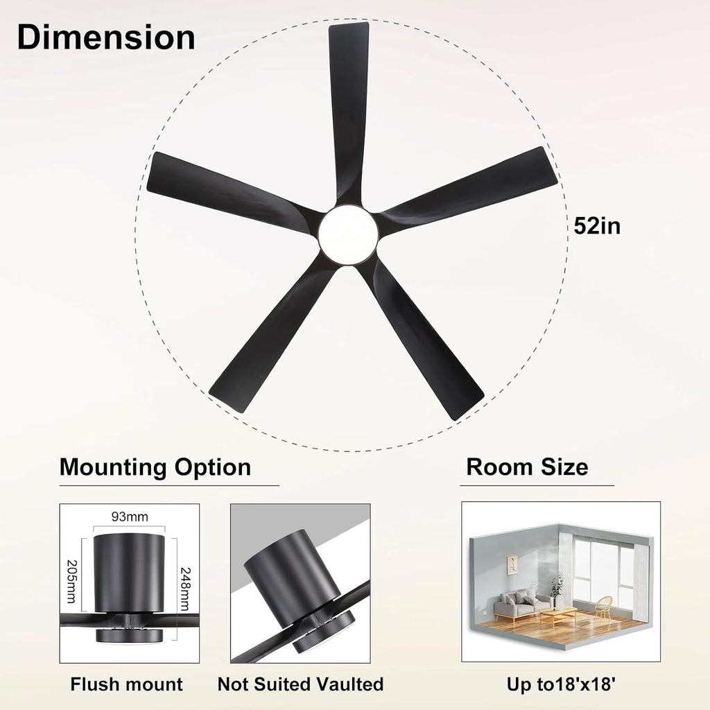 ELEHINSER 52 Inch Flush Mount Ceiling Fan with Lights, Low Profile Modern Ceiling Fan with Remote, Quiet DC Motor, 6-Speed, 3CCT,Timer, 5 Solid Wood Blades, Black