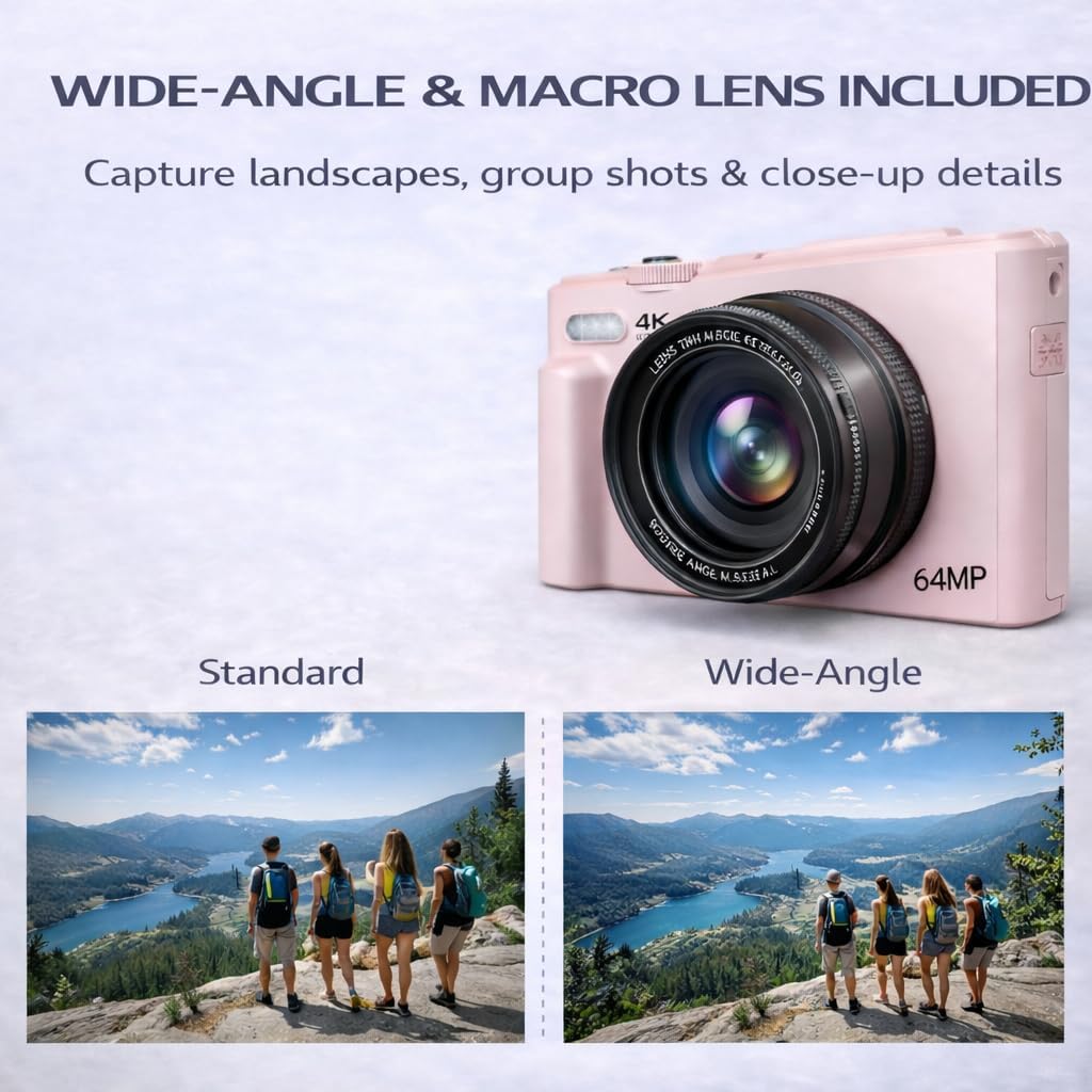 Acuvar 4K 64MP Digital Camera Kit for Photography, Vlogging Camera for YouTube with Flip Screen, WiFi, Wide Angle & Macro Lens, 64GB Micro SD Card, 50' Tripod, Case, Card Reader, Mic, LED Light