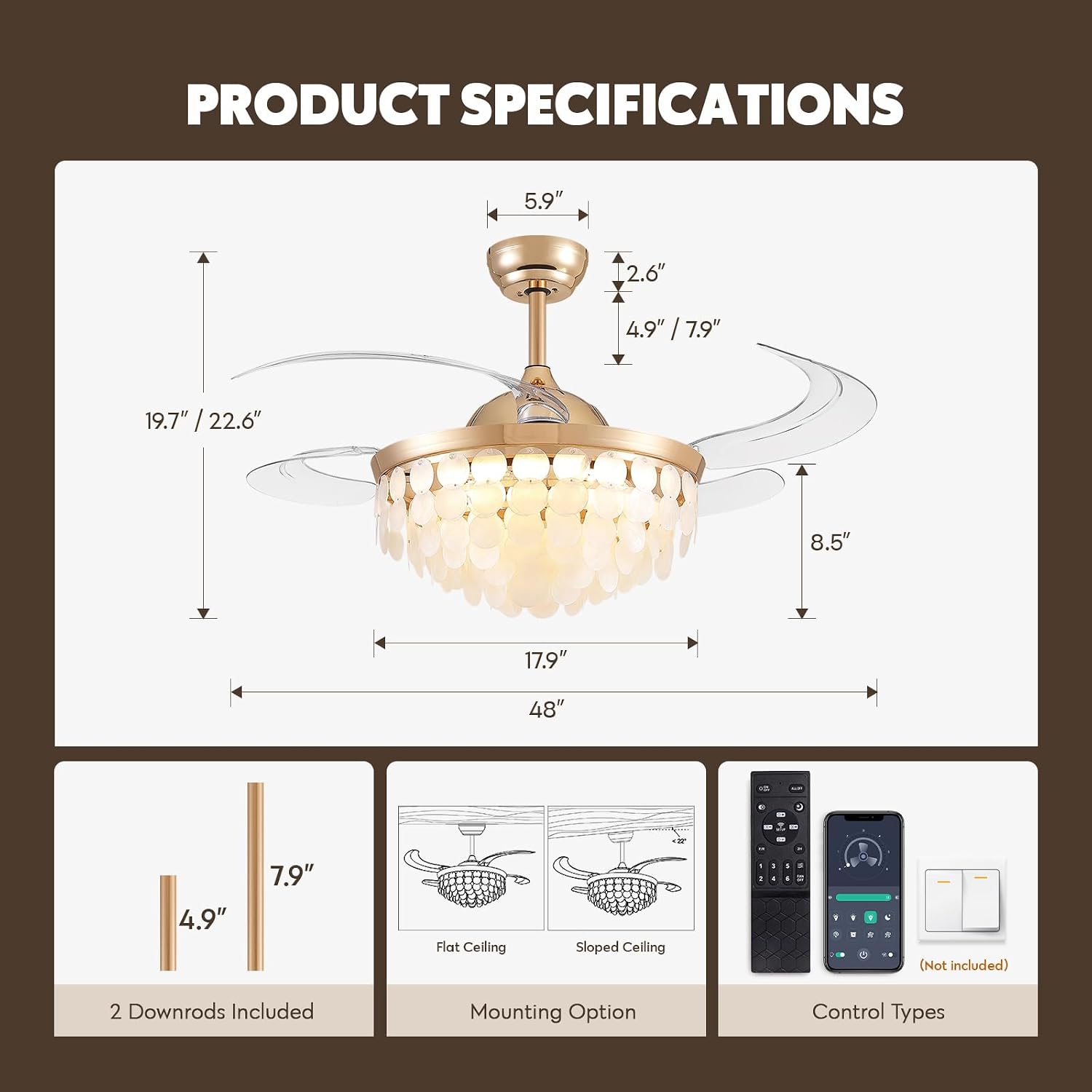 48'' Boho Fandelier Ceiling Fan with Light, Capiz Shell Retractable Ceiling Fan Lights with APP/Remote, Dimmable Coastal Invisible Chandelier Fan with 6 Speeds Wind, Timer for Bedroom Living Room-Gold