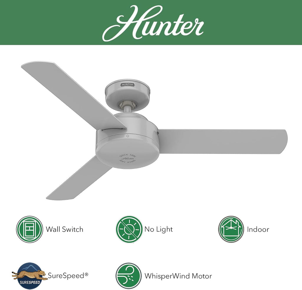 Hunter Fan 44 Inch Grey Indoor Ceiling Fan With No Light and 3 Blades for Kids Room, Bedroom, Living Room, Office, Basement, Kitchen, Dining Room (Renewed)