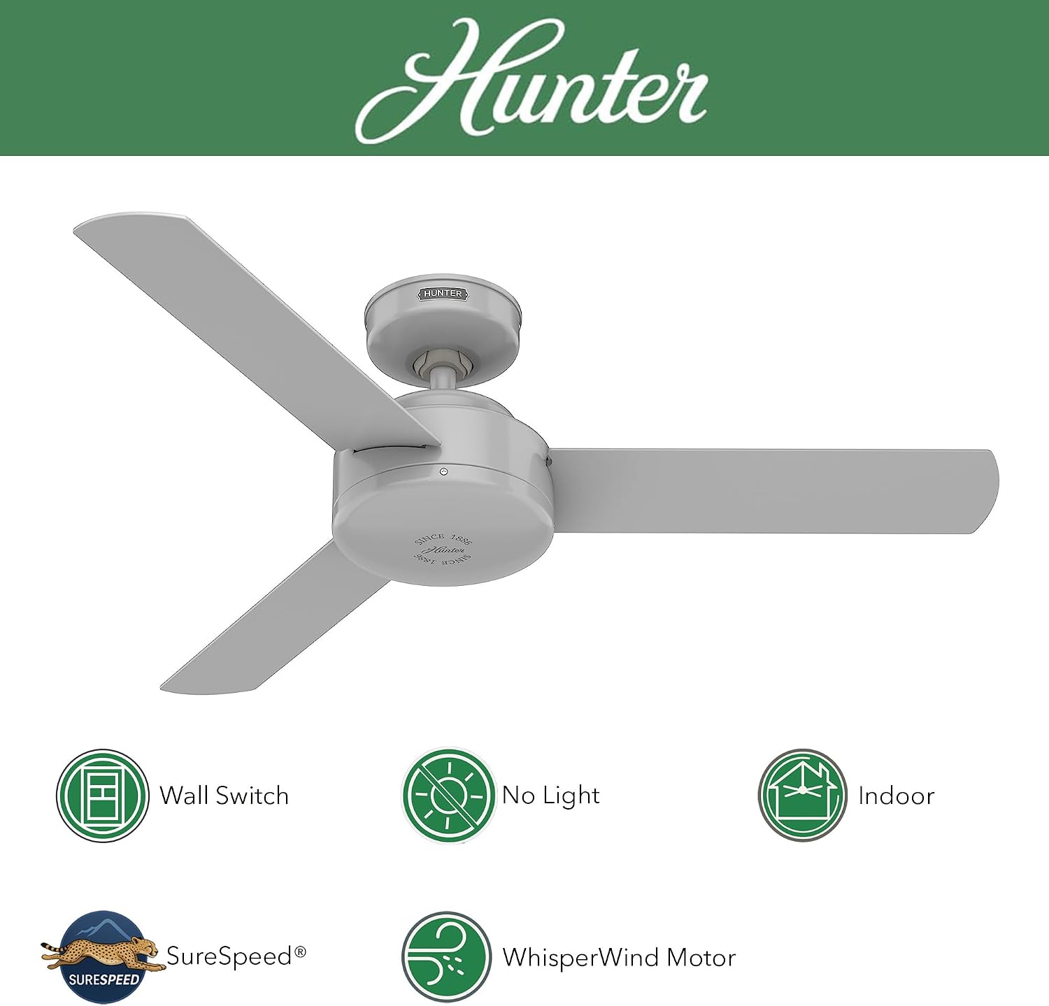 Hunter Fan 44 Inch Grey Indoor Ceiling Fan With No Light and 3 Blades for Kids Room, Bedroom, Living Room, Office, Basement, Kitchen, Dining Room (Renewed)