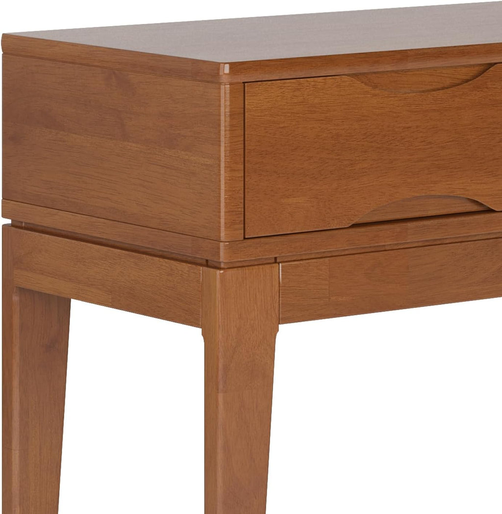 SIMPLIHOME Harper Console Table - 54 Inch Wide Solid Hardwood Sofa Table in Teak Brown, Mid-Century Modern Storage Table for Entryway or Living Room with 3 Drawers, Notched Handles, and Tapered Legs