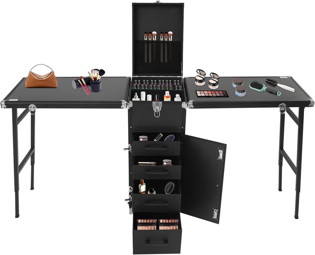 Professional Rolling Makeup Case, Foldable Nail Tables with Lock, Travel Cosmetic Trolley Storage Organizer with Drawers & 2 Foldable Tabletops, Manicure for Artist (Black 2)