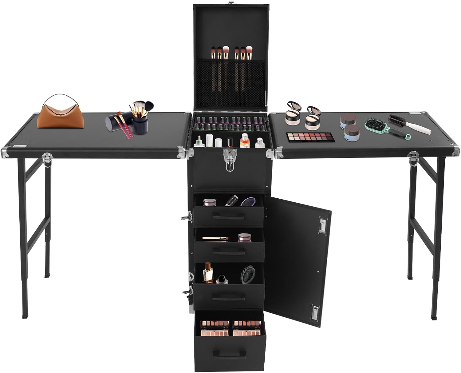 Professional Rolling Makeup Case, Foldable Nail Tables with Lock, Travel Cosmetic Trolley Storage Organizer with Drawers & 2 Foldable Tabletops, Manicure for Artist (Black 2)