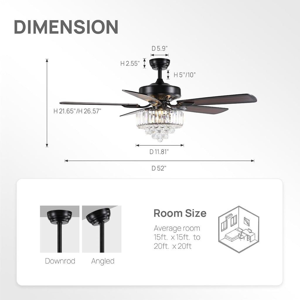 52 Inch Crystal Ceiling Fan with Lights and Remote Modern Black Chandelier Fan for Bedroom 5 Reversible Wood Blades Silent DC Motor Fandelier Ceiling Fans for Living Room Dining Room