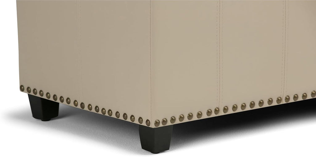 SIMPLIHOME Amelia Storage Ottoman - 33 inch Wide Vegan Leather Rectangle Storage Ottoman Bench in Satin Cream, Transitional Ottoman for Living Room with Nailhead Trim and Lift-Up Lid