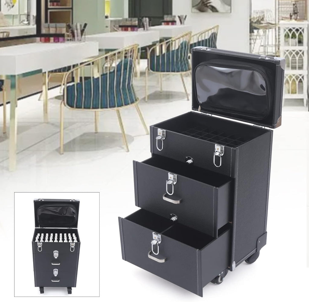Professional Rolling Makeup Case Train Case Cosmetic Organizer Trolley Lockable Rolling Make-ups Case Storage Cart Makeup Train Case Cosmetology Case On Wheels (Black|3 trays|Type C)
