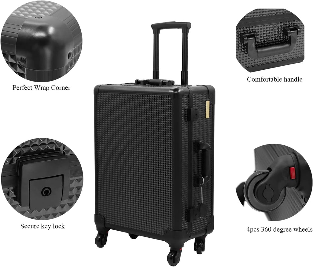 Aluminum Trolley Makeup Train Case with LED Lights Professional Cosmetic Organizer Studio with Speaker, Wheels and Stands Rolling Lighted Makeup Vanity Station for Travel (Black)