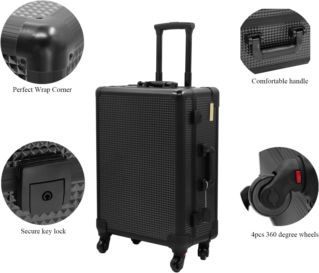 Aluminum Trolley Makeup Train Case with LED Lights Professional Cosmetic Organizer Studio with Speaker, Wheels and Stands Rolling Lighted Makeup Vanity Station for Travel (Black)