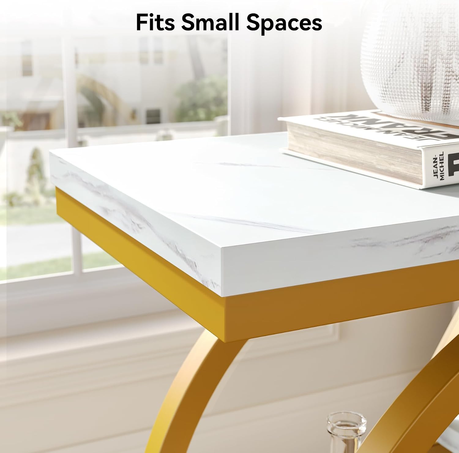 LITTLE TREE End Table Set of 2, 4-Tier Narrow Faux Marble Side Table with Large Storage Space, Modern Nightatsnd and Bedside Table for Living Room, Home Office, Bedroom, White and Gold
