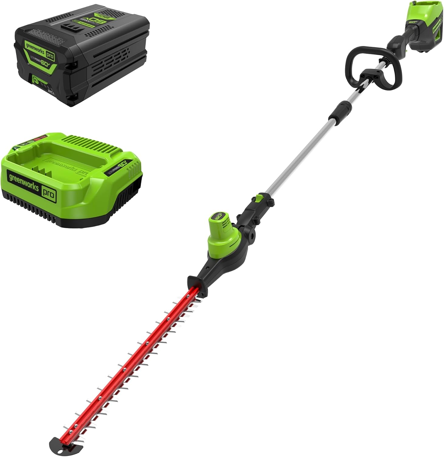 Greenworks 60V 20' Brushless Cordless Battery Powered Pole Hedge Trimmer, 2.0Ah Battery and Charger Included