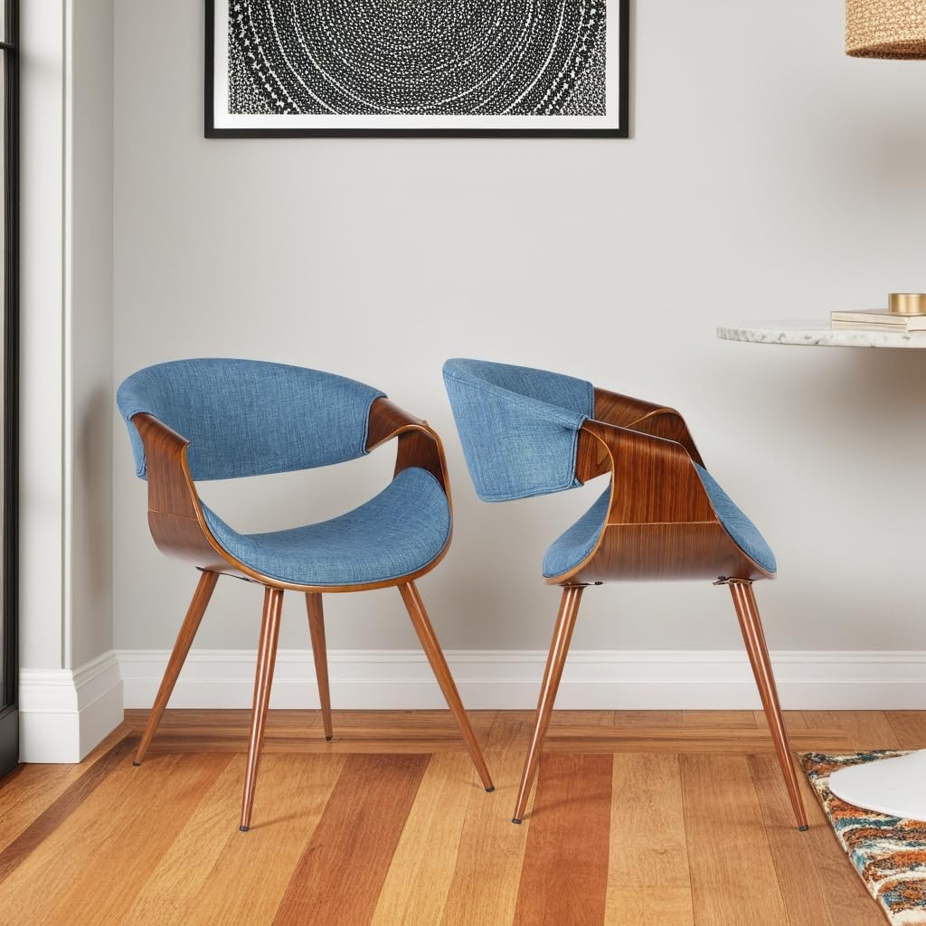 Armen Living Butterfly Mid-Century Dining Chair in Walnut Finish and Blue Fabric - Set of 2