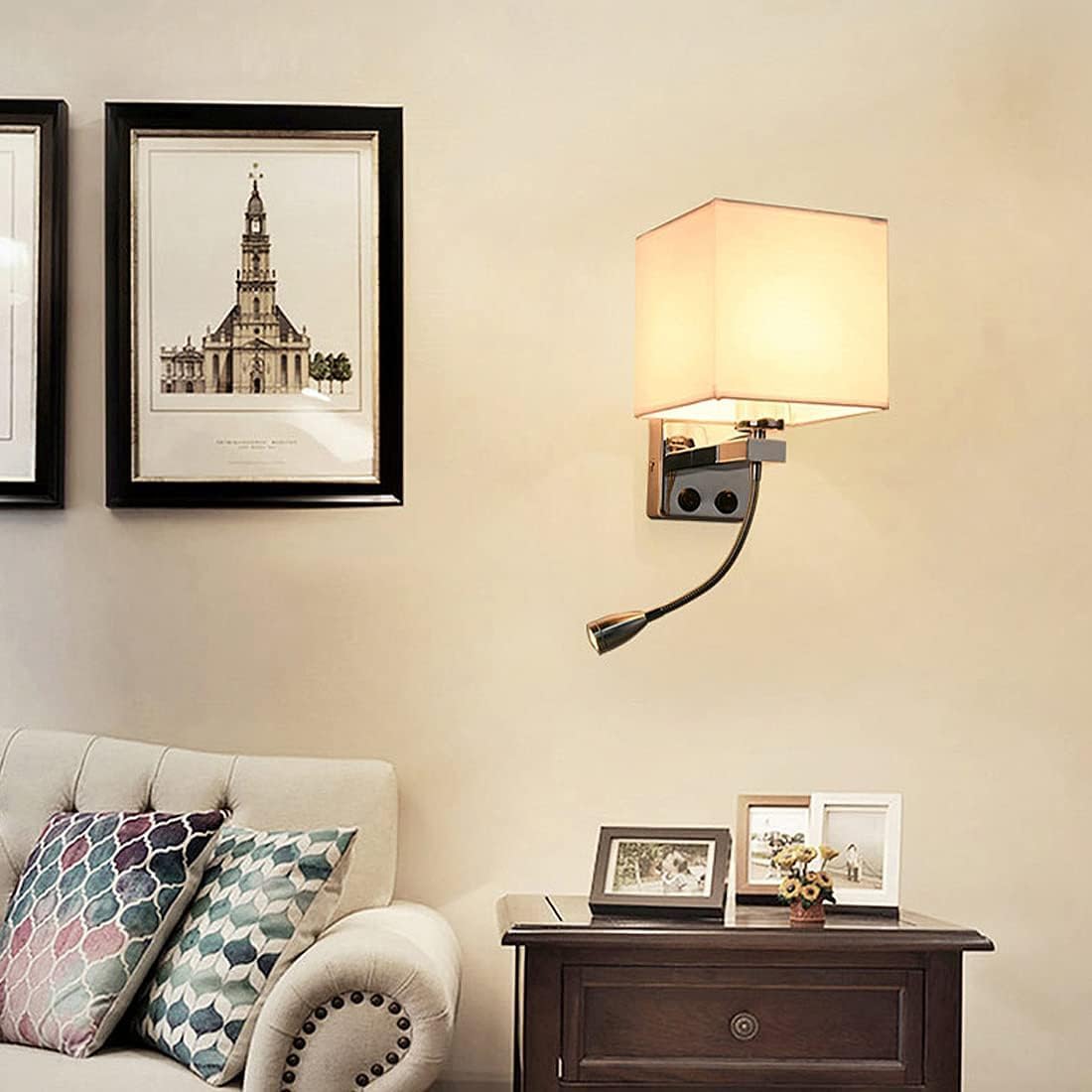 Wall Lamps with LED Reading Light, Bedside Sconce with Switch, Lamp Fabric Lampshade with 2 Points, Adjustable Indoor Spotlights, Brown
