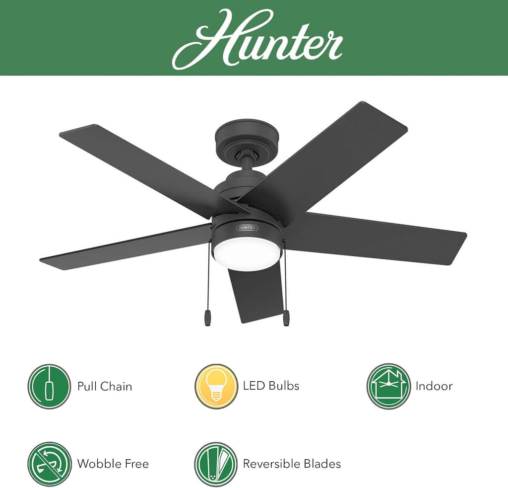 Hunter Fan 44 inch Matte Black Indoor Ceiling Fan with Light and Pull Chain for Bedroom, Living Room, Office, Basement, Kitchen, CC5C26C30 (Renewed)