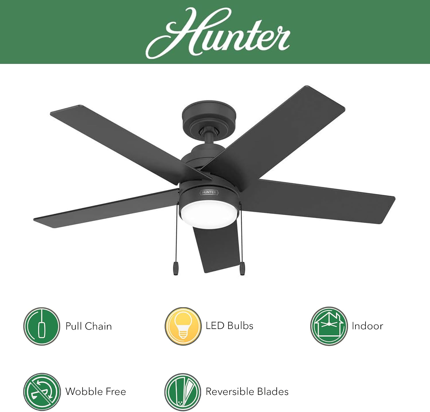 Hunter Fan 44 inch Matte Black Indoor Ceiling Fan with Light and Pull Chain for Bedroom, Living Room, Office, Basement, Kitchen, CC5C26C30 (Renewed)