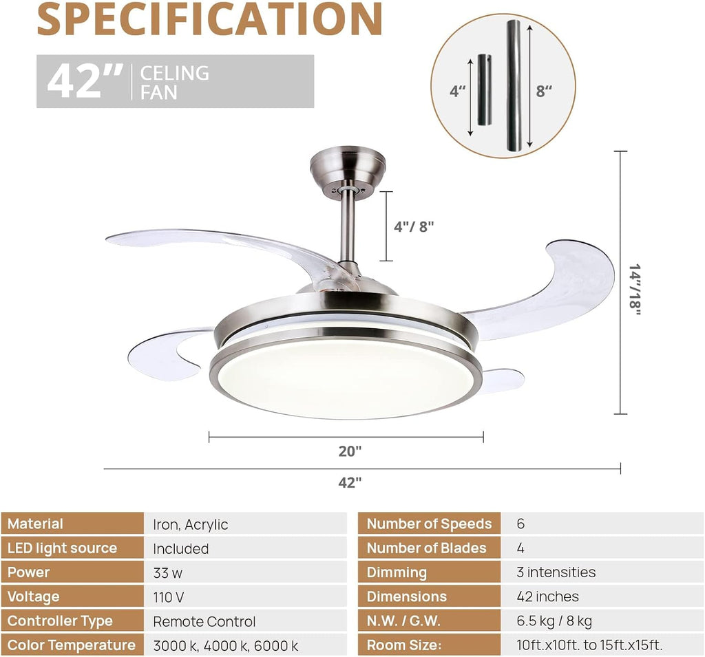 STERREN Retractable Ceiling Fans with Lights,42 Inch Modern Low Profile Bladeless LED Ceiling Fan Lights with Remote Control Smart Brushed Nickel Ceiling Fan for Bedroom Living Room