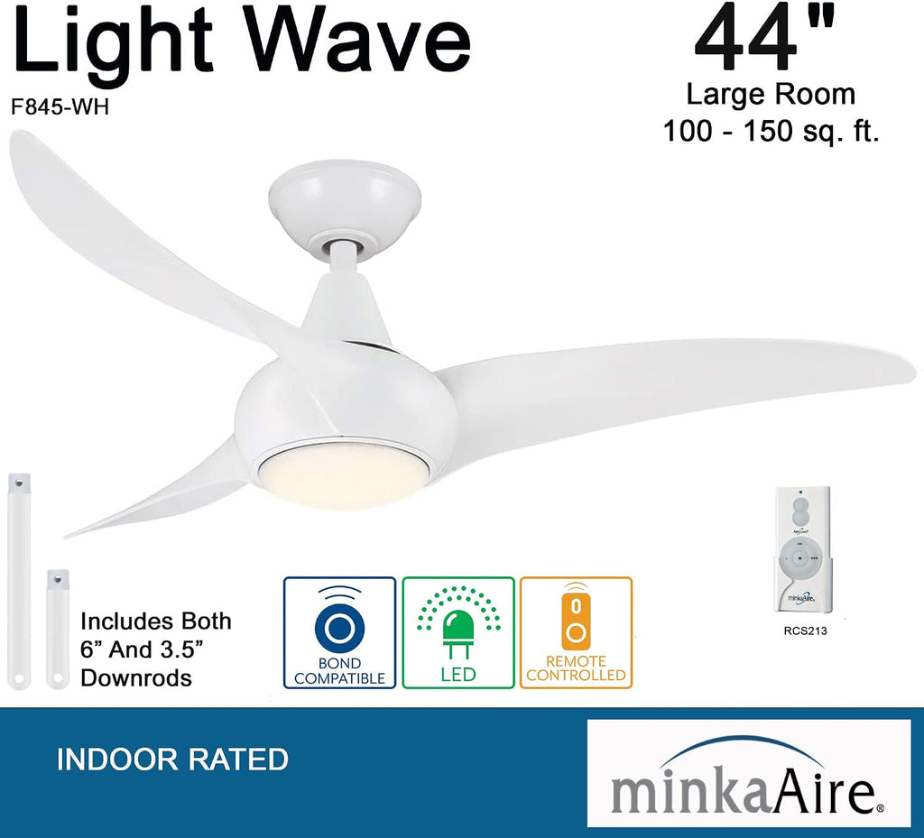 Minka-Aire F845-WH Light Wave 44' Low Profile Ceiling Fan with LED Light in White Finish with Remote Control and Included 3.5' Downrod
