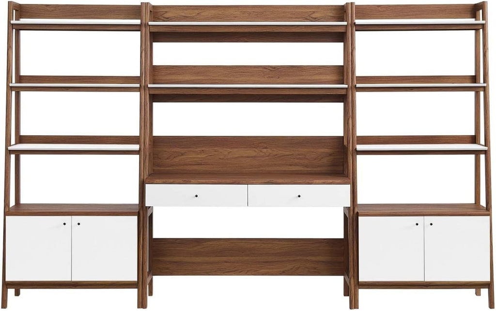 Modway 3-Piece Home Office Desk and Bookshelf Display Case in Walnut White