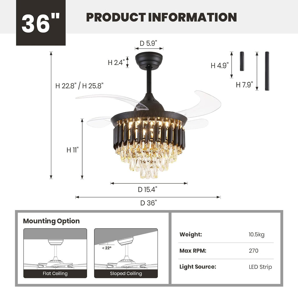 36 Inch Luxury Crystal Ceiling Fan with Light, Dimmable Ceiling Fans with Lights and Remote, Luxury Retractable Chandelier Fan for Living Room Dinning Room Kitchen