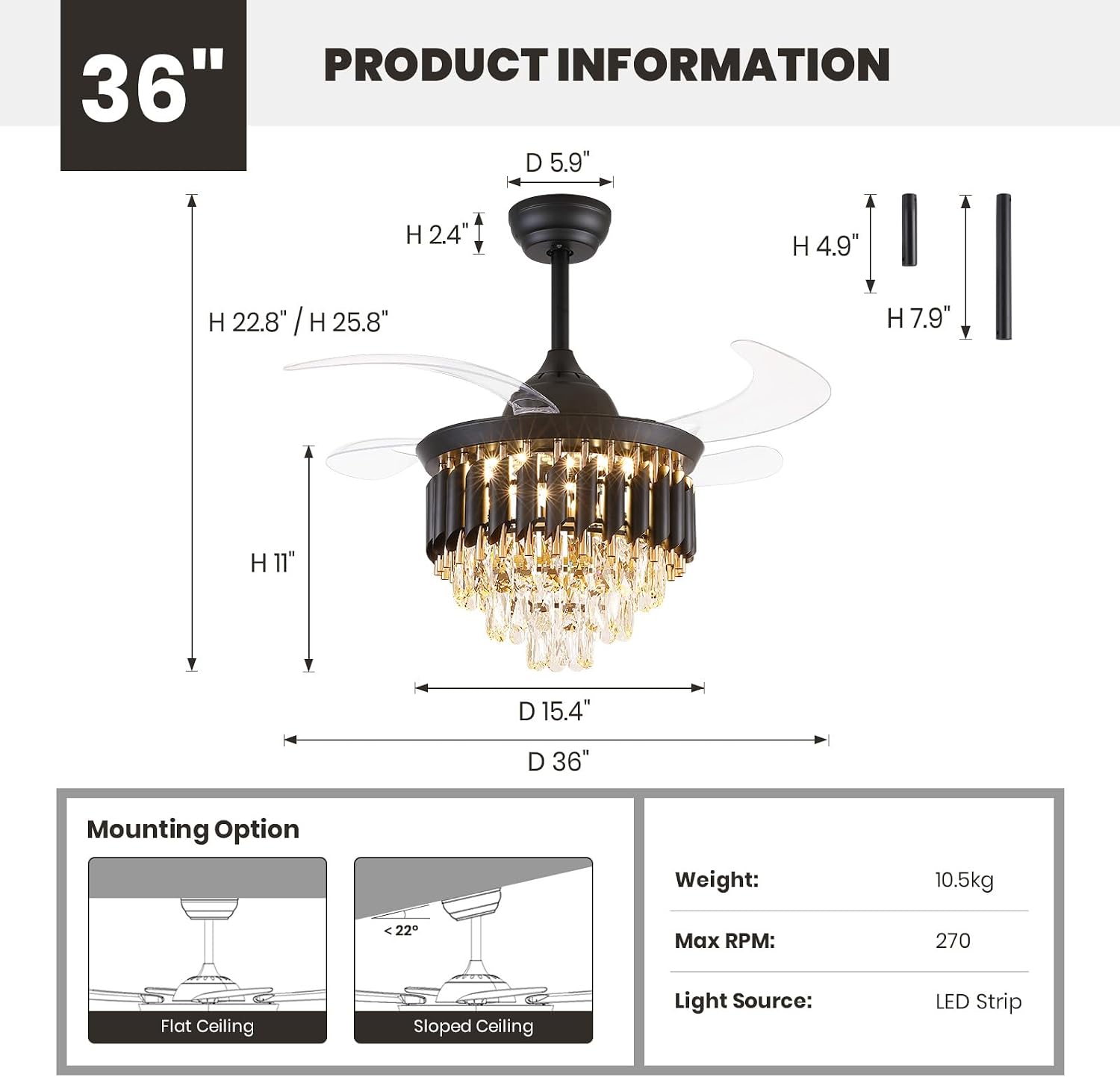 36 Inch Luxury Crystal Ceiling Fan with Light, Dimmable Ceiling Fans with Lights and Remote, Luxury Retractable Chandelier Fan for Living Room Dinning Room Kitchen