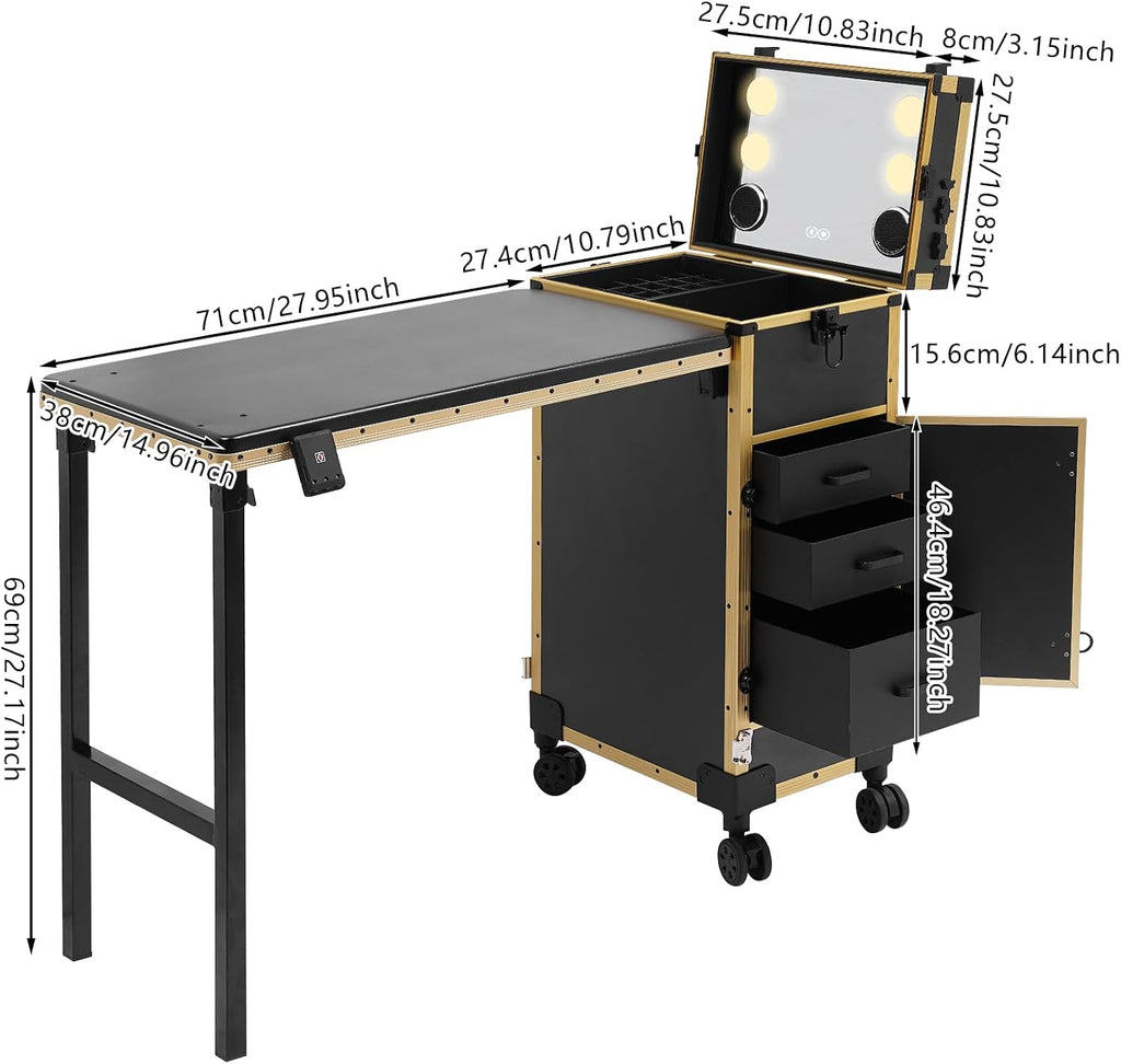 Portable Manicure Table, 1 Compartment+3 Drawers Rolling Lockable Makeup Train Case with Mirror & Light, Speaker and Power Interfaces, Foldable Nail Desk Nail Polish Organizer for Nail Tech Salon Use