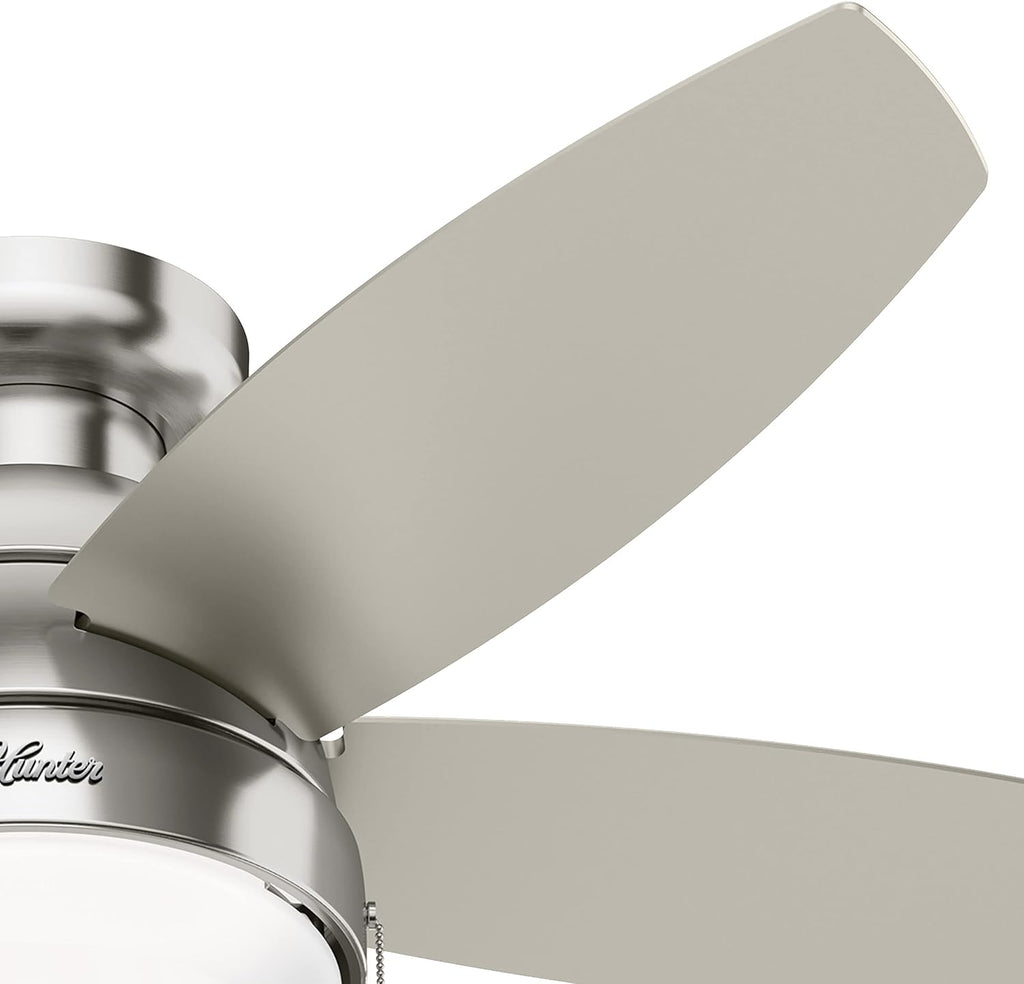 Hunter Fan 44 inch Low Profile Brushed Nickel indoor Ceiling Fan with Light Kit and Pull chains (Renewed)