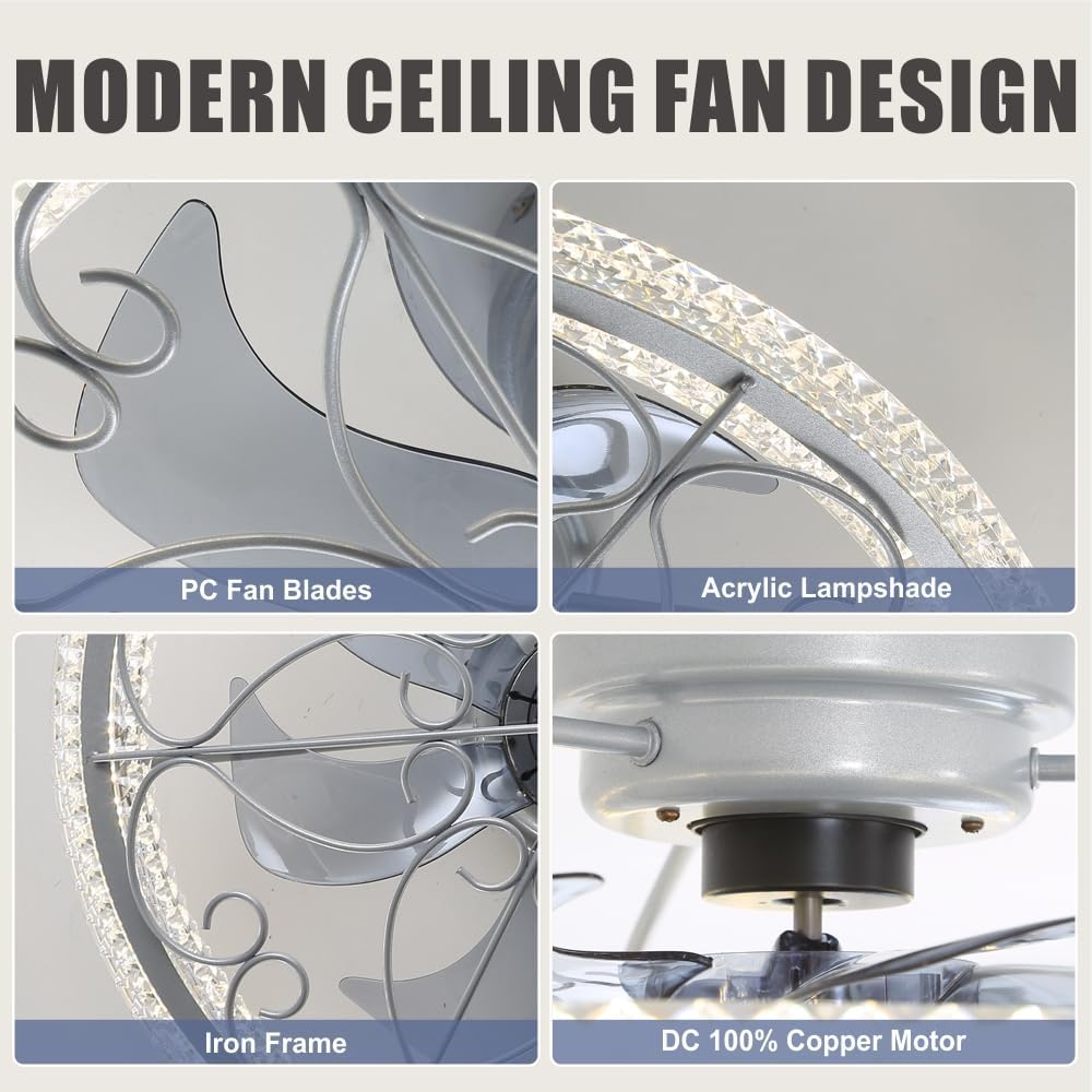lifeholder Low Profile Ceiling Fan with Lights Remote 20' Ceiling Fan Flush Mount Enclosed Ceiling Light Dimmable Ceiling Lights Chandeliers Handmade Silver
