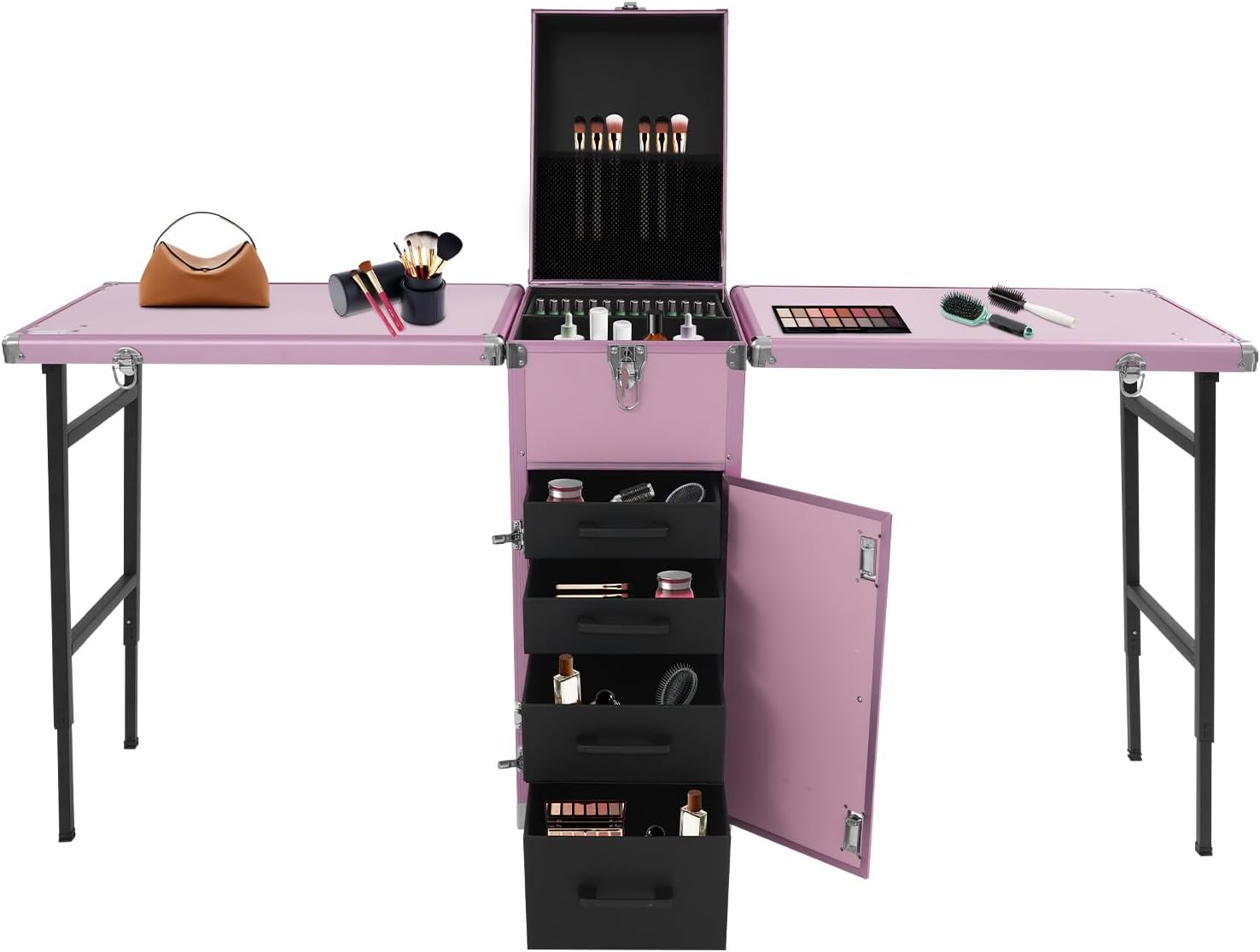 Professional Rolling Makeup Case, Foldable Nail Tables with Wheel, Travel Cosmetic Trolley Storage Organizer with Drawers, Manicure for Artist