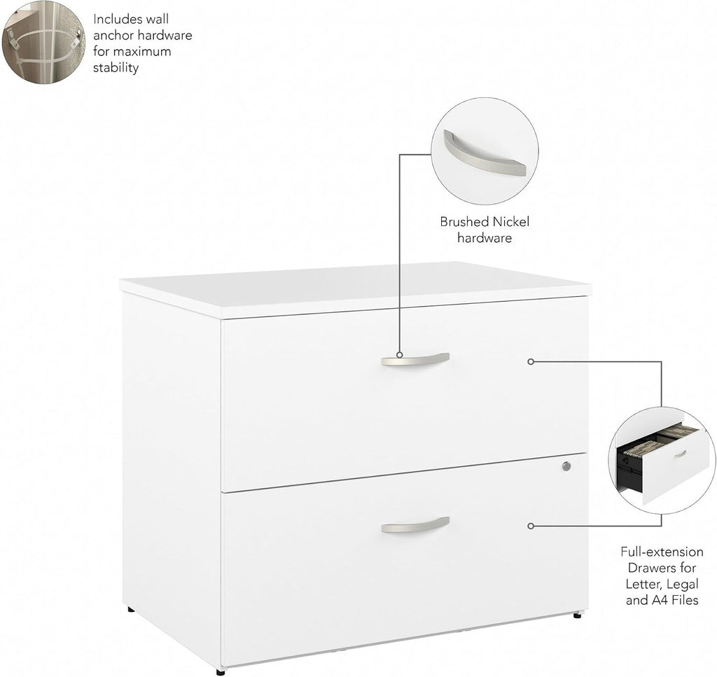Bush Business Furniture Studio C 2 Drawer Lateral File Cabinet in White - Assembled, Locking Document Storage for Home or Professional Office