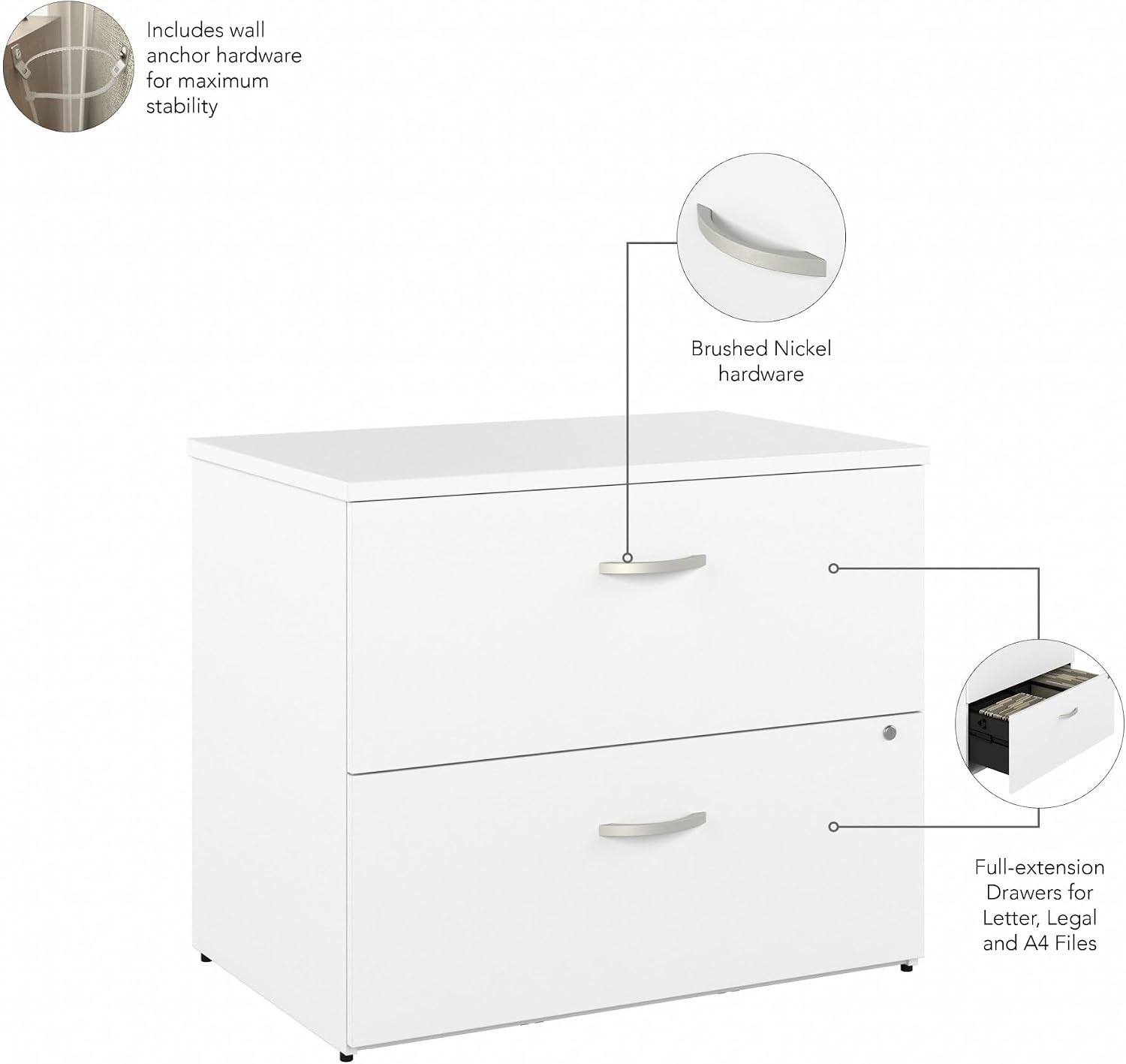 Bush Business Furniture Studio C 2 Drawer Lateral File Cabinet in White - Assembled, Locking Document Storage for Home or Professional Office