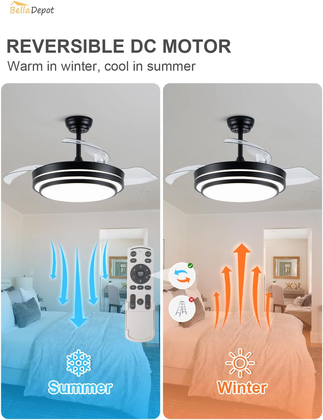 Bella Depot 42 Inch Retractable Ceiling Fan with Dimmable LED Light and Remote with 3 Color Change, Timing Options, Silent Noiseless for Dining Room Bedroom Kitchen (Black, 42')