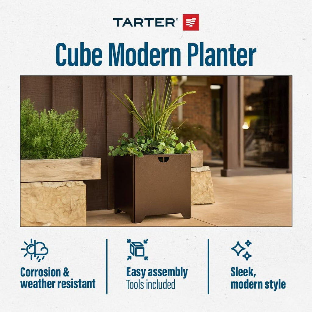 Tarter Cube Modern Planter for Outdoor Plants with Tools Included - 18.5 in. H x 17.5 in. L x 17.5 in. D - Large Raised Garden Bed Planter Box with Galvanized Steel - Lawn & Gardening Essentials
