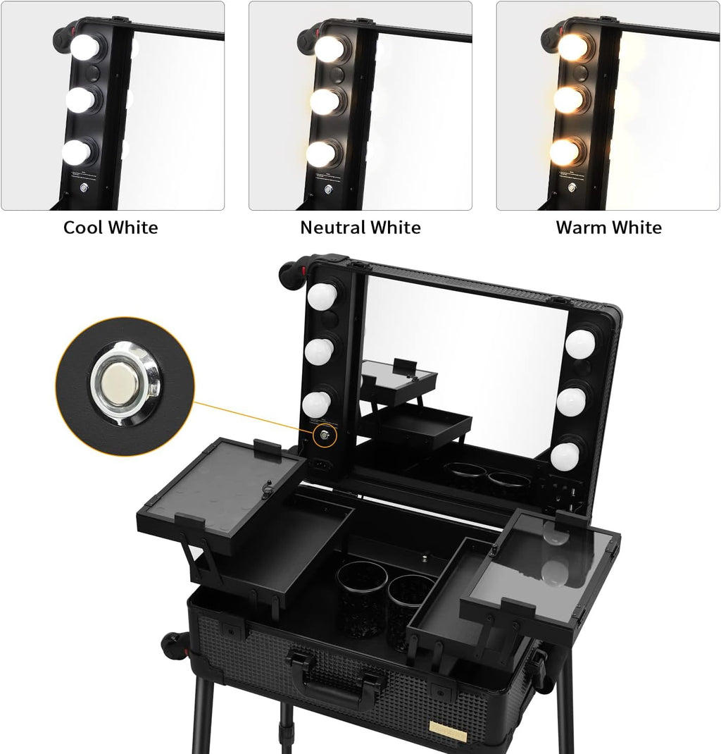 Aluminum Trolley Makeup Train Case with LED Lights Professional Cosmetic Organizer Studio with Speaker, Wheels and Stands Rolling Lighted Makeup Vanity Station for Travel (Black)