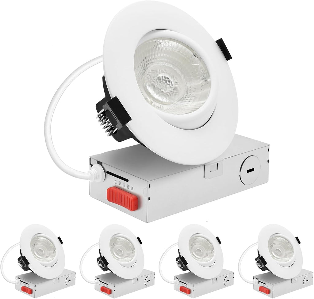 LUXRITE 4-Inch Gimbal LED Recessed Lighting, 5 Color Selectable 2700K-5000K, 15 Watts, 1250 Lumens, Adjustable 360º + 30º Swivel Spotlight, Dimmable, CRI90, IC & Wet Rated, ETL, White (4 Pack)