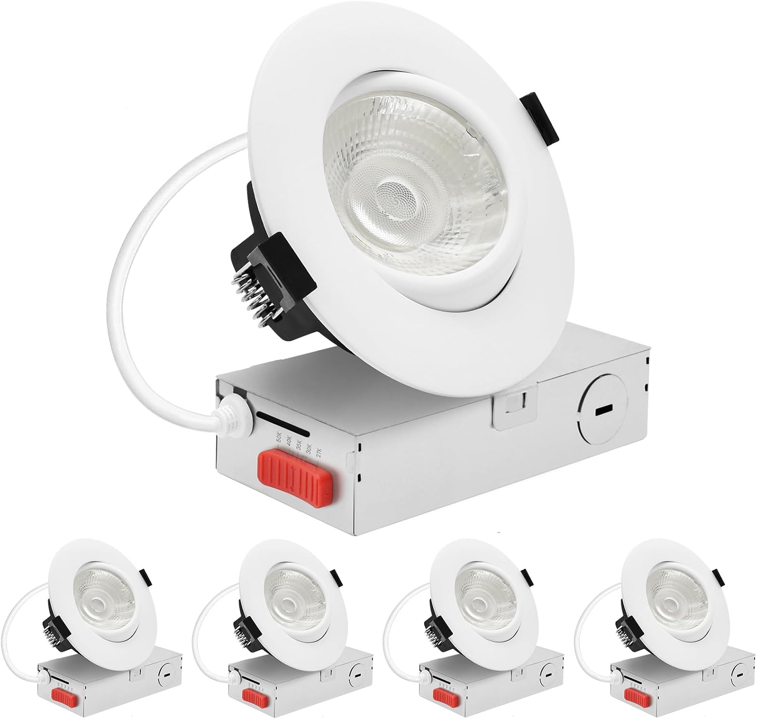 LUXRITE 4-Inch Gimbal LED Recessed Lighting, 5 Color Selectable 2700K-5000K, 15 Watts, 1250 Lumens, Adjustable 360º + 30º Swivel Spotlight, Dimmable, CRI90, IC & Wet Rated, ETL, White (4 Pack)