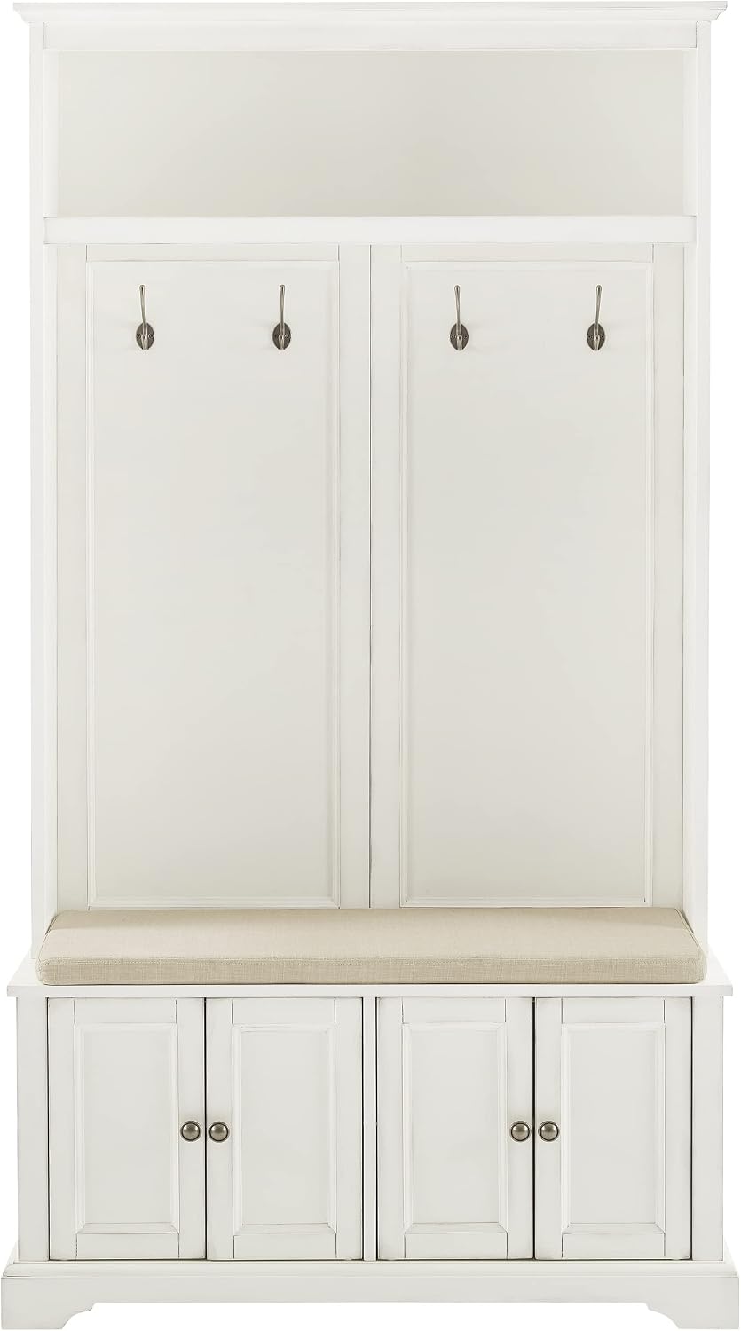 Crosley Furniture Holbrook Hall Tree with Shoe Rack Bench and Coat Hooks for Hanging Storage, Distressed White